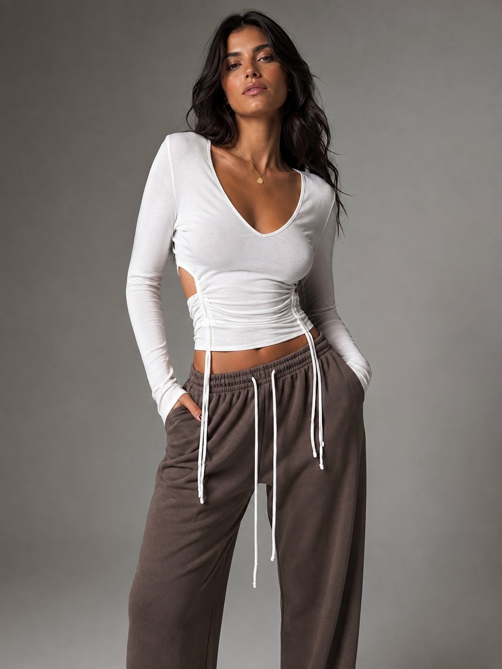 IVIN IVIN Women's L White Ruched Cutout Long Sleeve V-Neck Crop Top Y2K